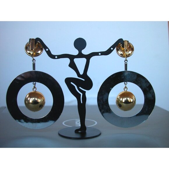 Vintage Brutalist Gold & Silver Tone Statement Necklace & Clip-On Earrings Set 1 - Picture 5 of 14